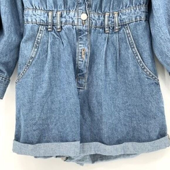 Zara Womens Medium Wash Blue Puff Sleeves Button Front Denim Romper XS - Picture 8 of 11